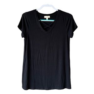 Cupio Women's Crisscross Neck Black Top Short Sleeve Size M